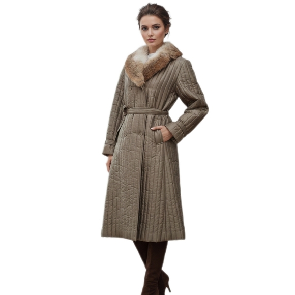 Made in Korea Jackets & Blazers - Vintage 70s Quilted Long Coat Rabbit Fur, Sage, US Women's Large (listing as)